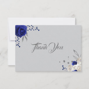 Tarjeta De Agradecimiento azul real flores blancas gris plata gracias