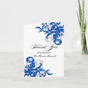 Tarjeta De Agradecimiento Azul Real y Plateado Flores Gracias