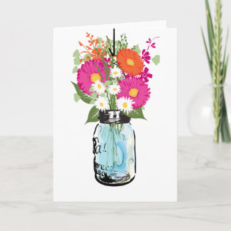 Tarjeta De Agradecimiento Azul Rústico Frasco de Mason y Gerber Daisies en B