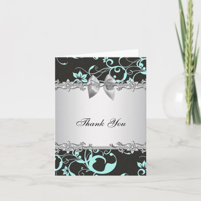 Tarjeta de agradecimiento azul teal negro damasco  (Anverso)