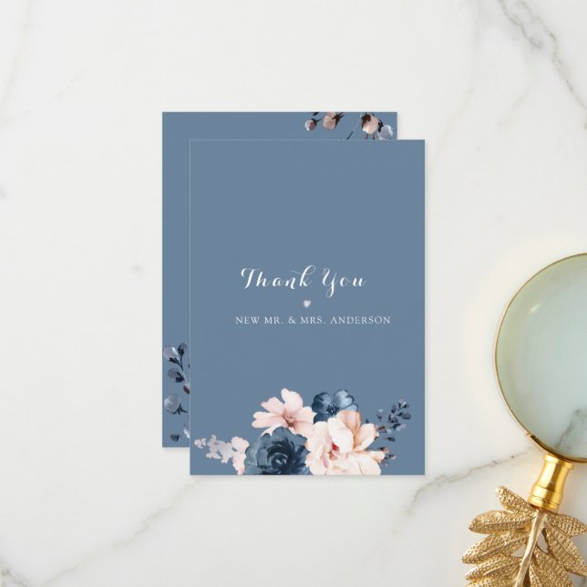 Tarjeta De Agradecimiento Azul turbio, Boda floral rosa pálido (Anverso/Reverso In Situ)