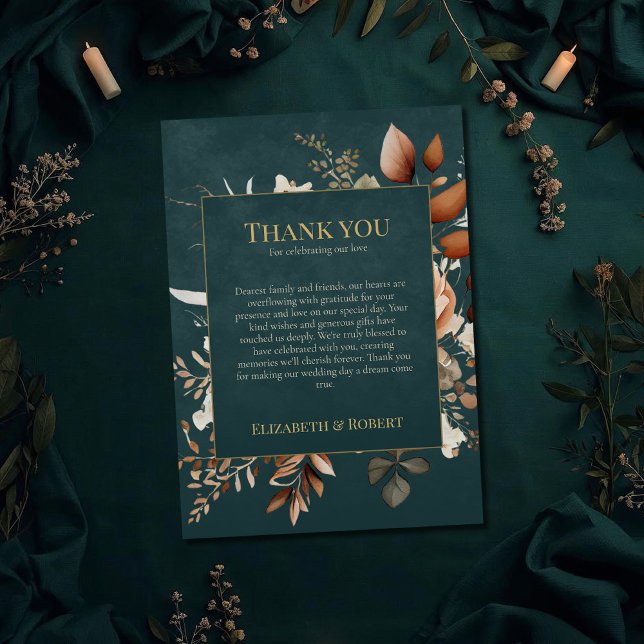Tarjeta de agradecimiento azul turquesa de bruja d (Summer Forest Witch Teal Thank You Card on a teal witchy wedding table with dry botanicals)