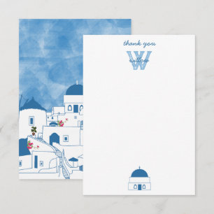 Tarjeta De Agradecimiento Azul y Blanco Acuarela Santorini Grecia