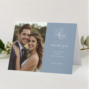 Tarjeta De Agradecimiento Azul y blanco   Boda doblado de foto de moda