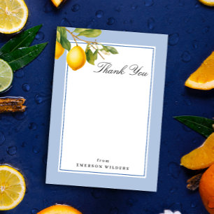 Tarjeta De Agradecimiento Azul y blanco de limón mediterráneo fresco gracias