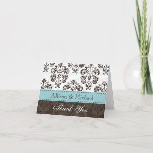 Tarjeta De Agradecimiento Azul y Marrón Damasco Boda Gracias No