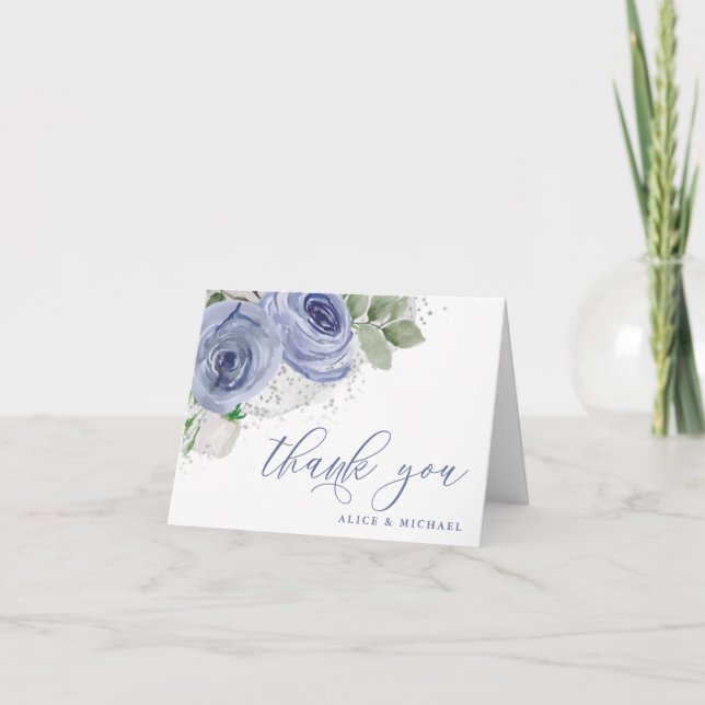 Tarjeta De Agradecimiento Azul y Plata Floral Personalizado Acuarela (Anverso)