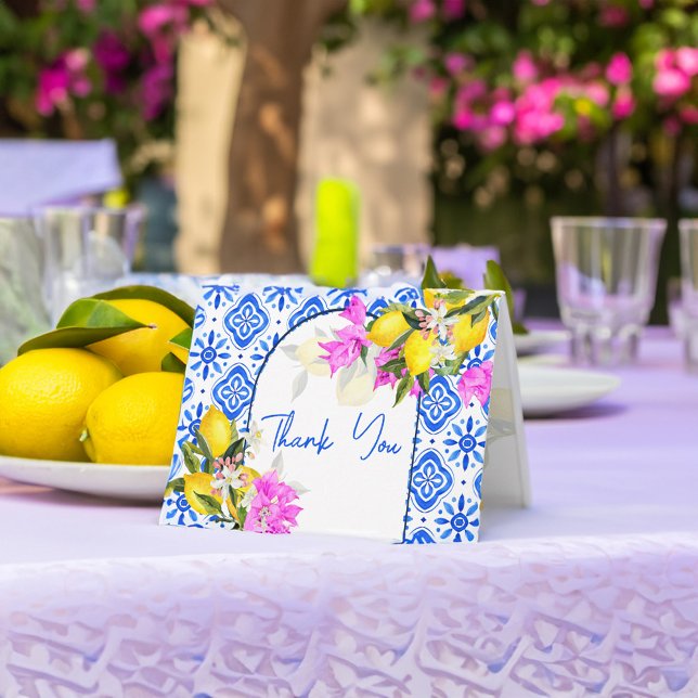 Tarjeta De Agradecimiento Azulejos azules bougainvillea Amalfi Positano (Blue tiles lemon bougainvillea Amalfi Positano Thank You Card Mediterranean themed bridal shower)