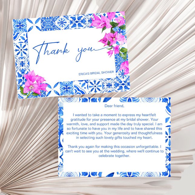 Tarjeta De Agradecimiento Azulejos azules Bougainvillea elegante fiesta de d (Blue Tiles Bougainvillea Mediterranean elegant bridal shower Thank You Card )