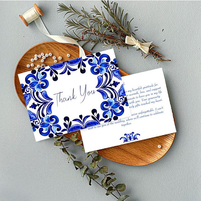 Tarjeta De Agradecimiento Azulejos azules de Mediterráneo en baby shower de  (French Blue Mediterranean folk art tiles bridal shower Thank You Cards wedding thank you cards)