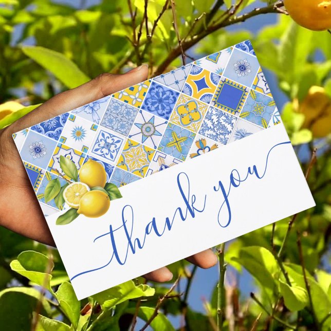 Tarjeta De Agradecimiento Azulejos azules italianos ducha de novia de verano (Italian Blue Tiles Lemon Summer Bridal Shower Thank You Card)