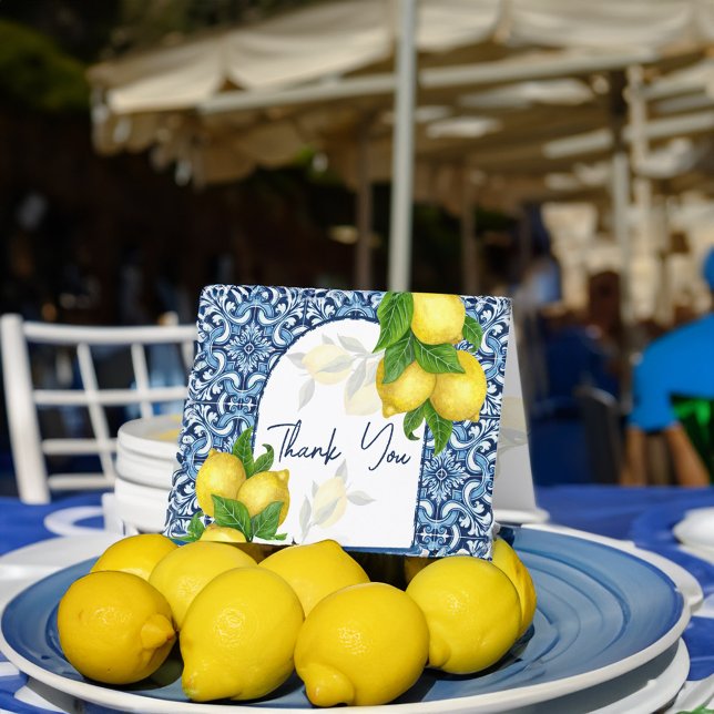 Tarjeta De Agradecimiento Azulejos azules lemon Amalfi Positano italiano (Blue tiles lemon Amalfi Positano Italian Thank You Card Mediterranean themed wedding bridal shower)
