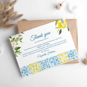 Tarjeta De Agradecimiento Azulejos Azules Mediterráneos y Limones Despedida 