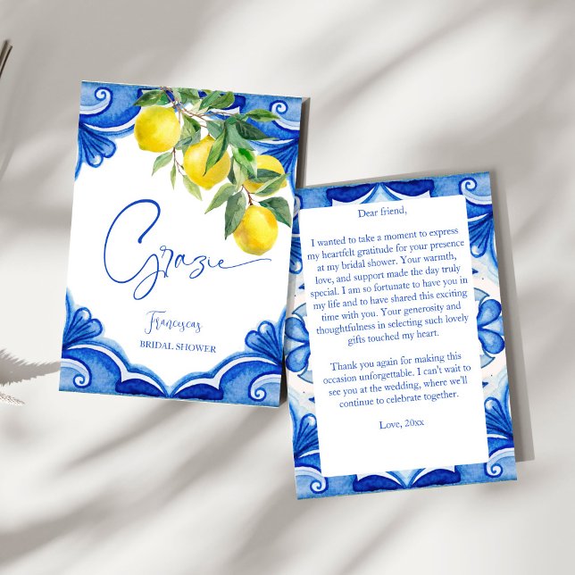 Tarjeta De Agradecimiento Azulejos azules vintage limones ducha de novia ita (Vintage Italian Blue maiolica  tiles lemons bridal shower Thank You Card citrus mediterranean theme)