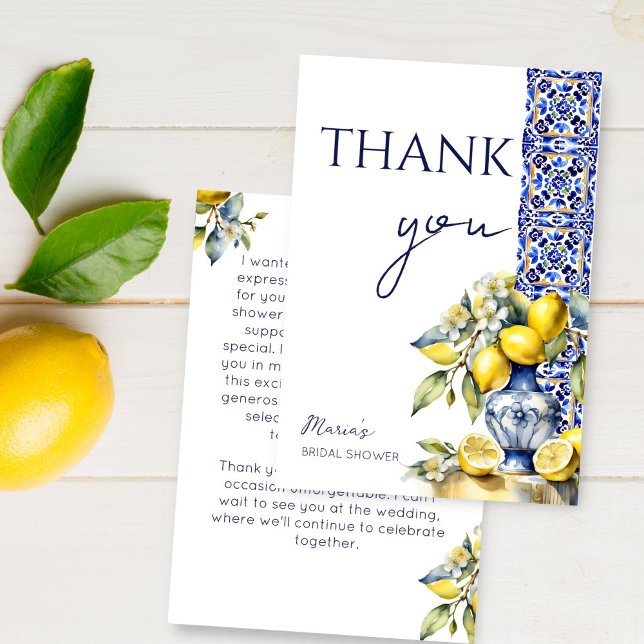 Tarjeta De Agradecimiento Azulejos italianos azules de Amalfi limones fiesta (Amalfi Italian Vietri blue tiles lemons bridal shower Thank You Card Mediterranean ceramic vase)