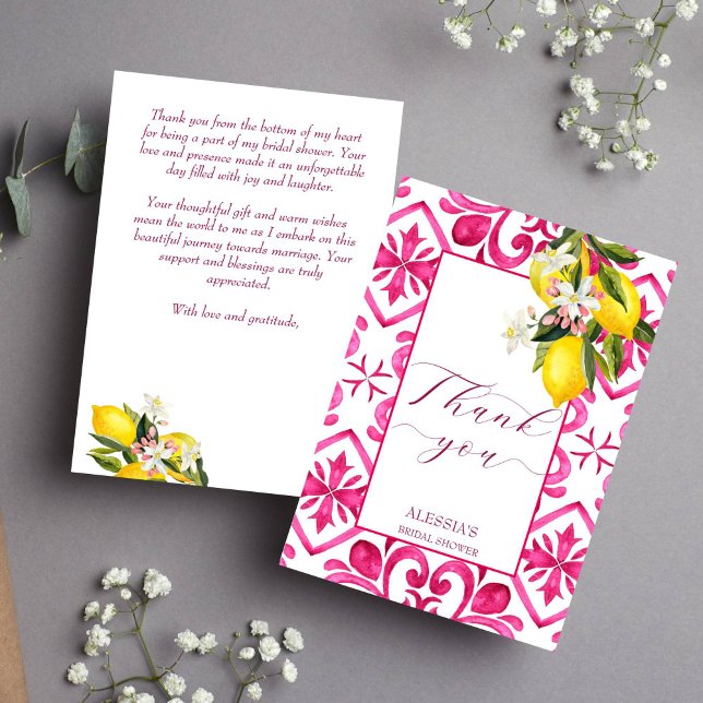 Tarjeta De Agradecimiento Azulejos magenta Fucsia Majólica ducha nupcial de  (Fuchsia Majolica magenta tiles lemon bridal shower Thank You Card Italian Spanish Mediterranean them)