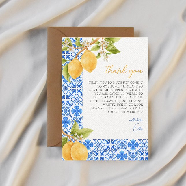 Tarjeta De Agradecimiento Azulejos mediterráneos Italia Lemon Bridal Ducha (birdal shower main squeeze thank you card)