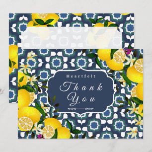 Tarjeta De Agradecimiento Azulejos Mediterráneos Limón  Azul Marino Blanco