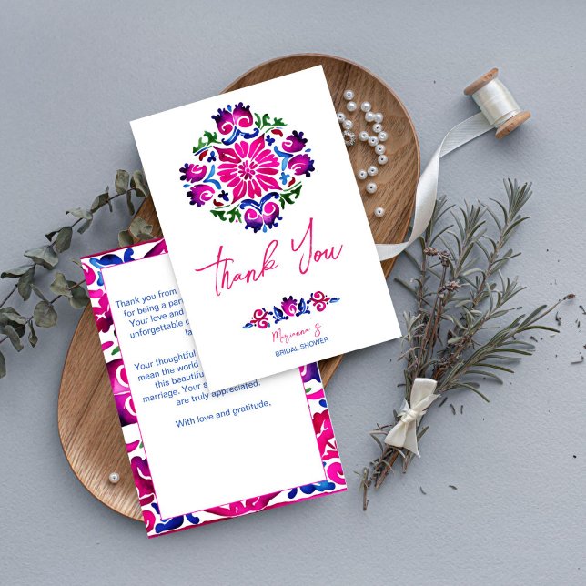 Tarjeta De Agradecimiento Azulejos mexicanos rosados ducha de novia gracias (Pink blue Mexican Spanish talavera tiles bridal shower thank you card wedding thank you card)