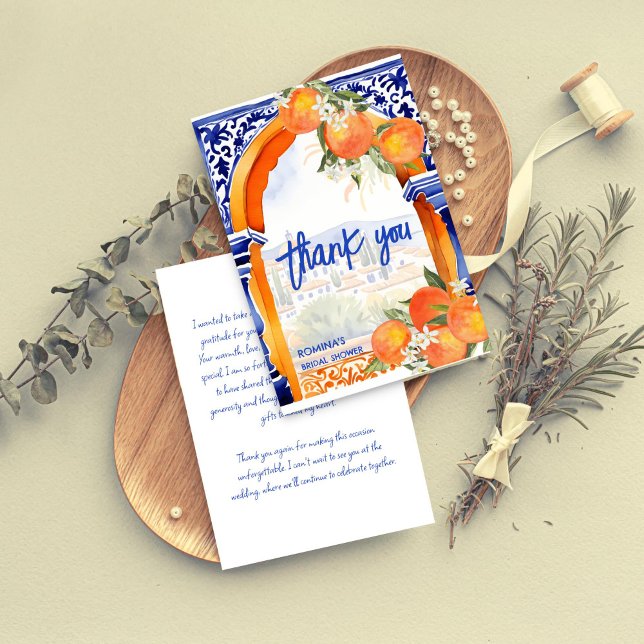 Tarjeta De Agradecimiento Azulejos talavera azul naranja para despedida de s (Orange blue azulejo talavera Spanish tiles summer citrus bridal shower thank you card)