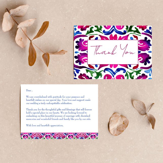 Tarjeta De Agradecimiento Azules rosados boda Talavera mexicano (Pink blue Mexican Talavera tiles wedding thank you cards Fiesta Mexicana thank you cards magenta)