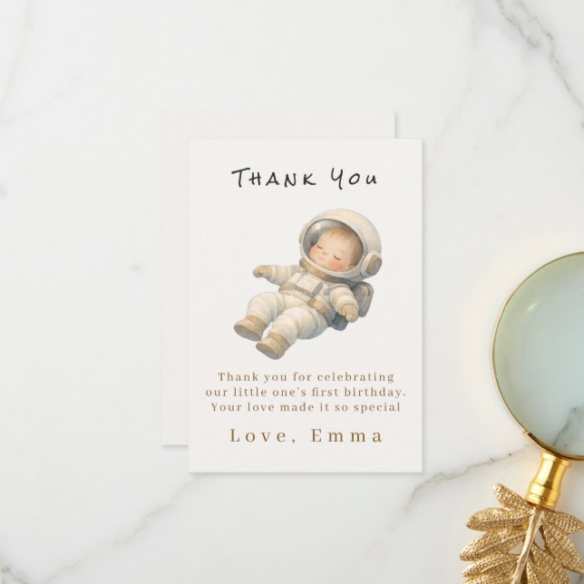 Tarjeta De Agradecimiento Baby Astronaut First Birthday Thank You Card (Anverso/Reverso In Situ)