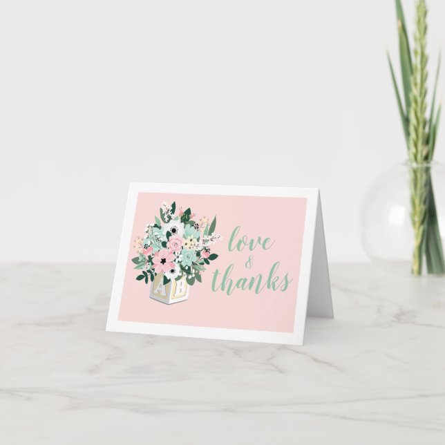 Tarjeta De Agradecimiento Baby Block Pink Mint Flowers Baby Shower Thank You (Anverso)