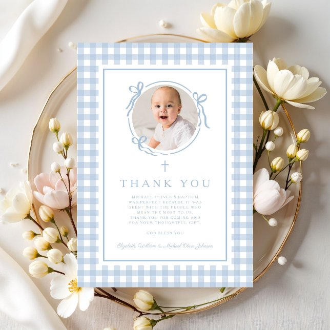 Tarjeta De Agradecimiento Baby Blue Gingham Photo Boy Baptism (Baby Blue Gingham Photo Boy Baptism Thank You Card)