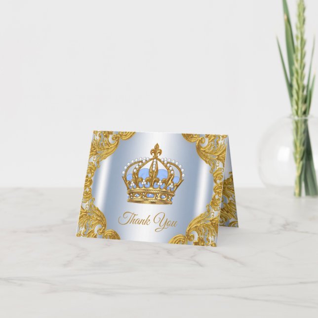 Tarjeta De Agradecimiento Baby Blue Gold Prince Baby Shower Gracias Cartas (Anverso)