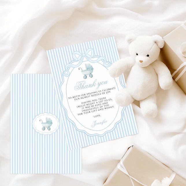Tarjeta De Agradecimiento Baby Blue Stroller Bow Boy Shower (Subido por el creador)