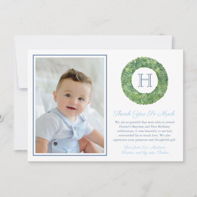 Tarjeta De Agradecimiento Baby Boy Baptism Birday Smart Monograma (Anverso)