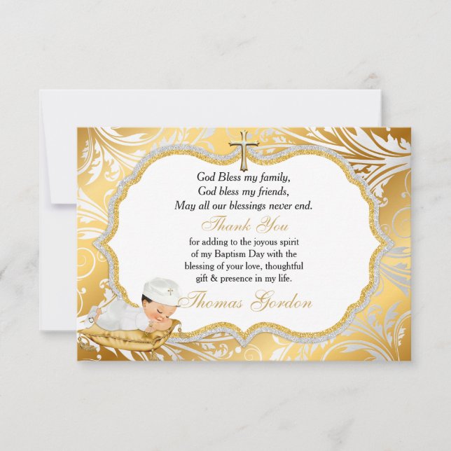 Tarjeta De Agradecimiento Baby Boy Baptism Gold Cross Gracias (Anverso)