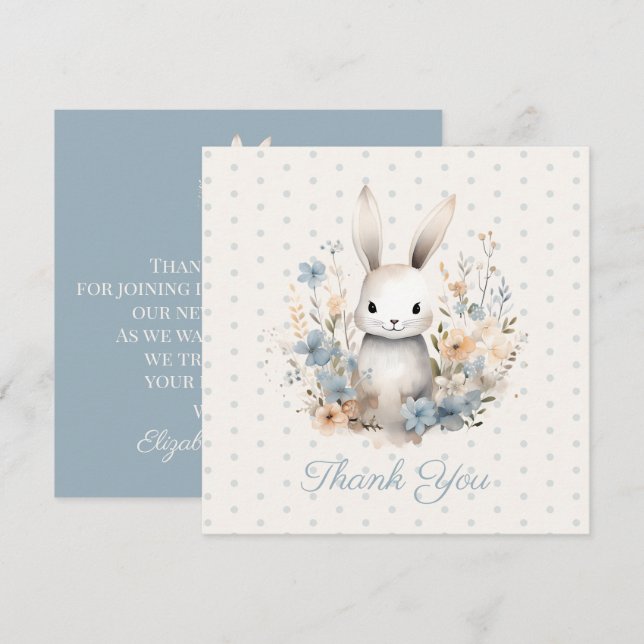 Tarjeta De Agradecimiento Baby Boy Blue Rabbit and Flowers Baby Shower (Anverso / Reverso)