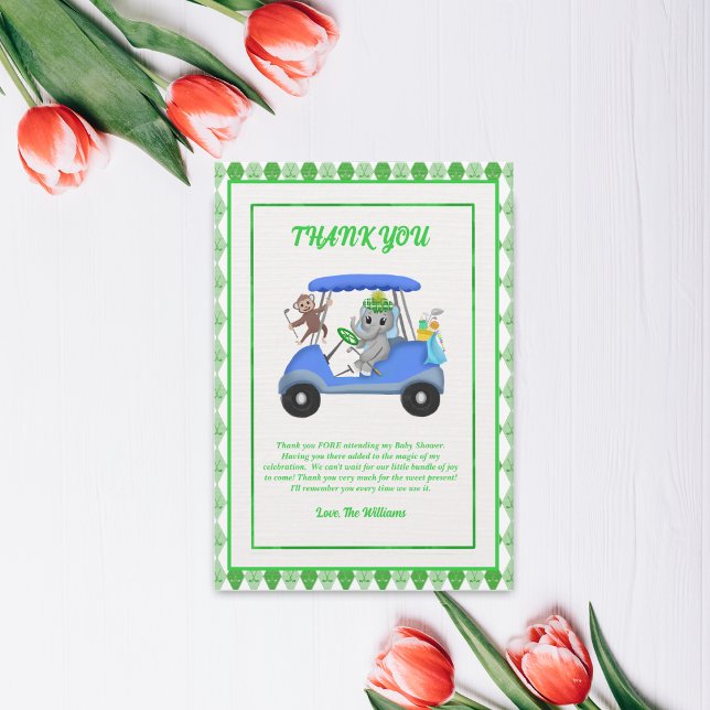 Tarjeta De Agradecimiento Baby Boy Elephant & Monkey Golf Baby Shower (Subido por el creador)