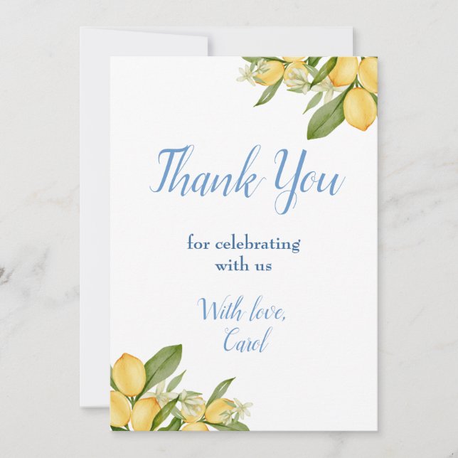 Tarjeta De Agradecimiento Baby Boy Positano Lemons Blue Pattern Baby Shower (Anverso)