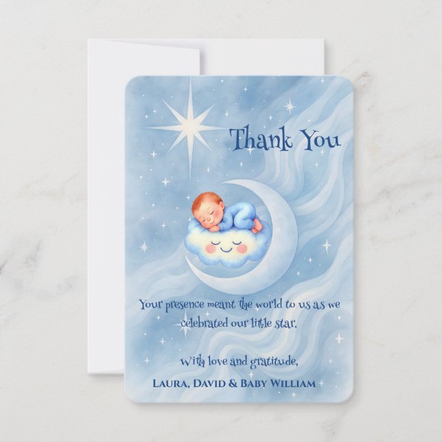 Tarjeta De Agradecimiento Baby Boy Shower Invitan a la Moonlight Stars Water (Anverso)