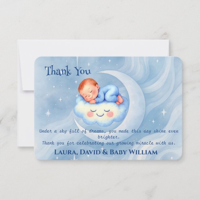 Tarjeta De Agradecimiento Baby Boy Shower Invitan a la Moonlight Stars Water (Anverso)