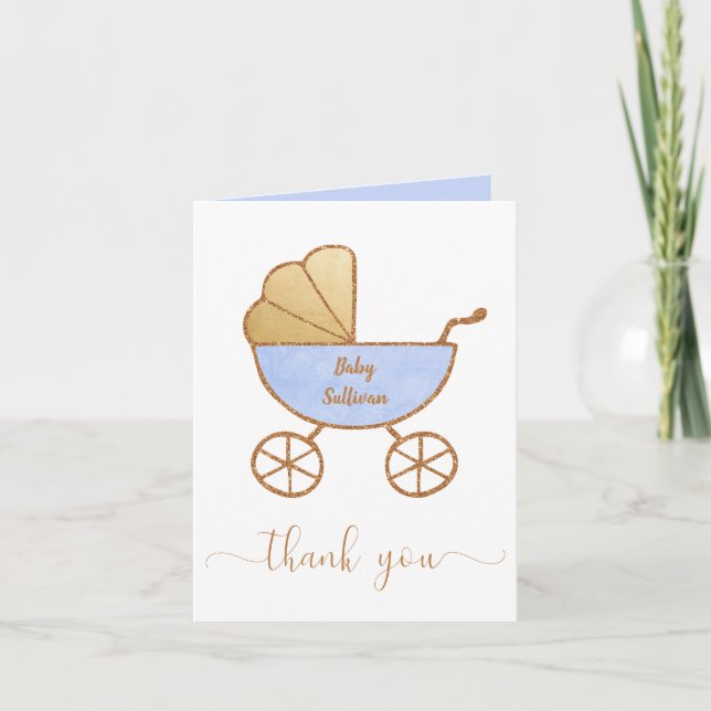 Tarjeta De Agradecimiento Baby Boy Shower Retro Carrillo Azul Oro (Anverso)