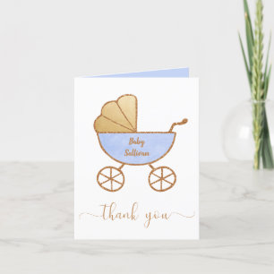 Tarjeta De Agradecimiento Baby Boy Shower Retro Carrillo Azul Oro