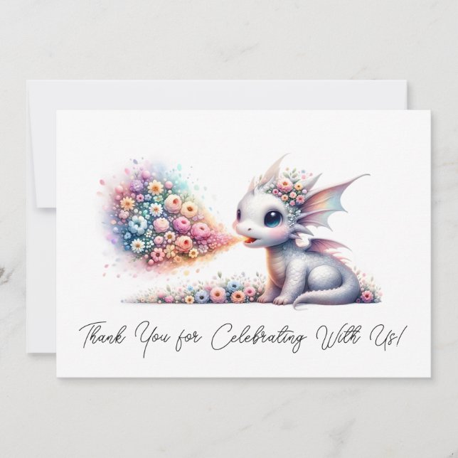 Tarjeta De Agradecimiento Baby Dragon Respirando Fuego Floral Gracias (Anverso)