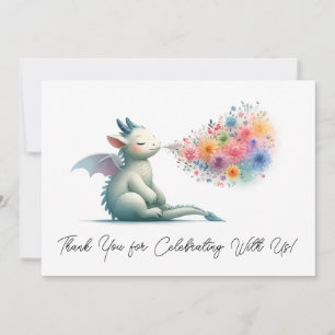 Tarjeta De Agradecimiento Baby Dragon Respirando Fuego Floral Gracias