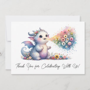Tarjeta De Agradecimiento Baby Dragon Respirando Fuego Floral Gracias