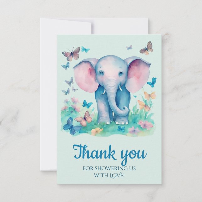Tarjeta De Agradecimiento Baby Elephant Blue Baby Shower Gracias (Anverso)