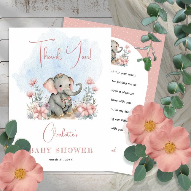Tarjeta De Agradecimiento Baby Elephant Chica Floral Rosa Baby Shower (Subido por el creador)