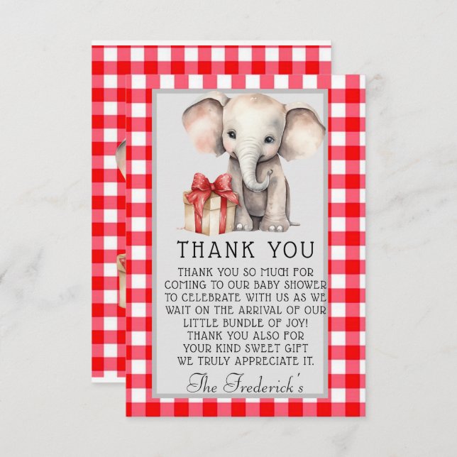 Tarjeta De Agradecimiento Baby Elephant con Red Gingham Shower Gracias (Anverso / Reverso)