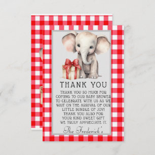 Tarjeta De Agradecimiento Baby Elephant con Red Gingham Shower Gracias