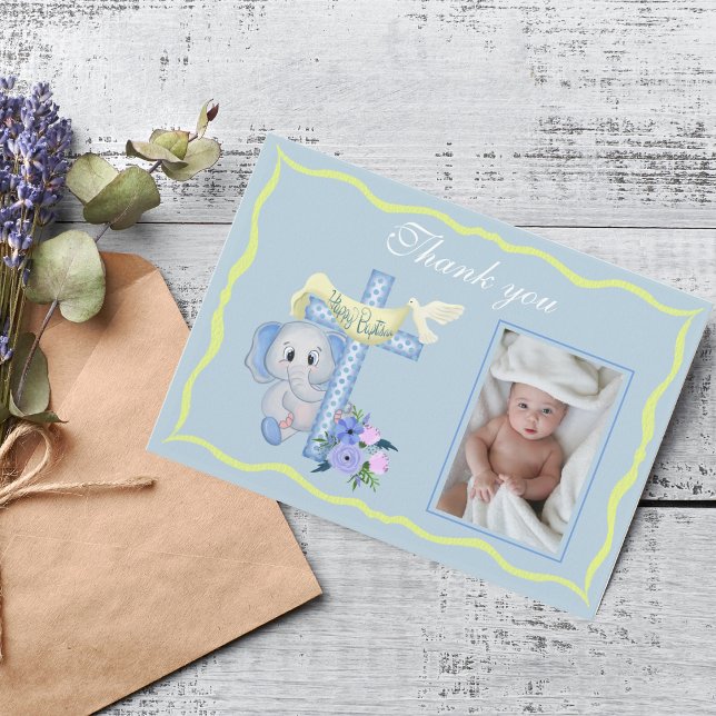 Tarjeta De Agradecimiento Baby Elephant Cross y Dove Baptism Gracias (Subido por el creador)