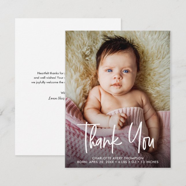 Tarjeta De Agradecimiento Baby Girl Photo Birth stats Modern Handlettering (Anverso / Reverso)