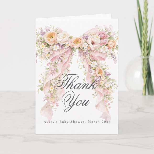 Tarjeta De Agradecimiento Baby in bloom Floral Bow Girl Baby Shower  (Anverso)