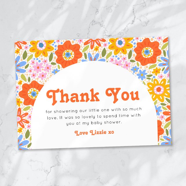 Tarjeta De Agradecimiento Baby in Bloom Retro Groovy Wildflowers Baby Shower (Subido por el creador)